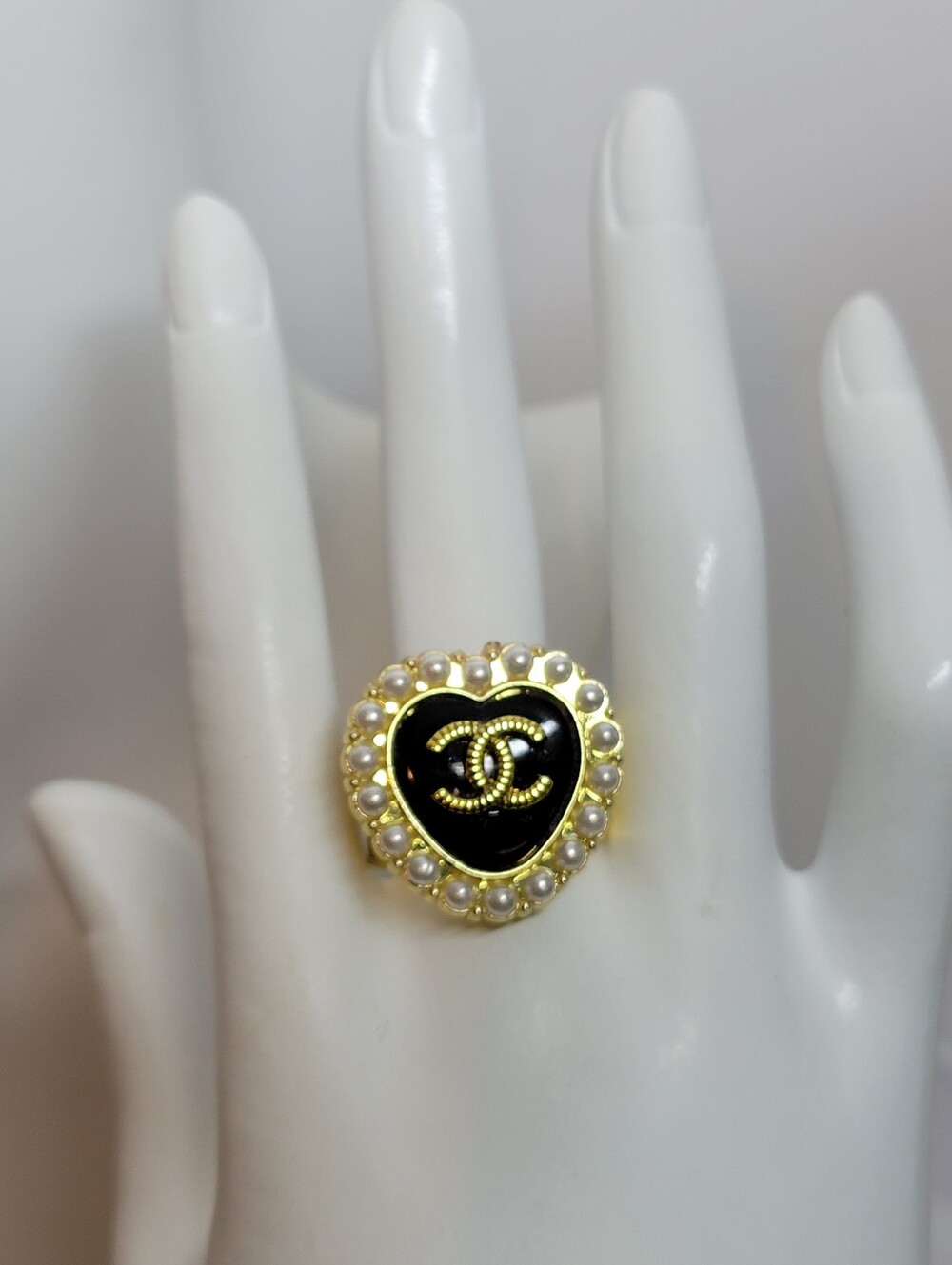 Black Enamel Heart Ring with Pearl Trim and Gold CC Logo